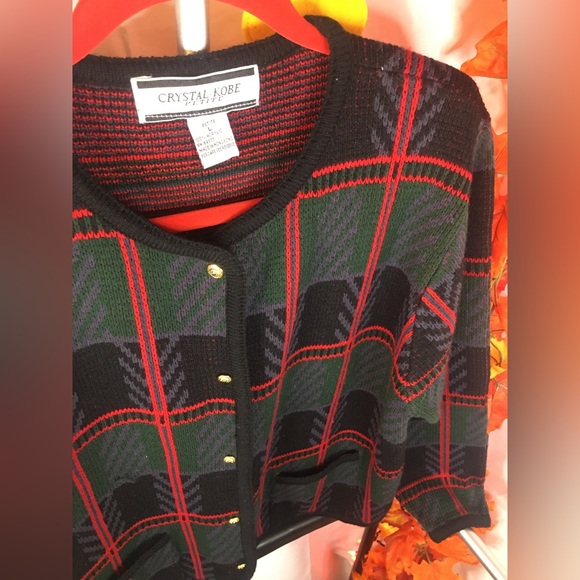 Crystal Kobe Petite | Women’s multicolored Plaid Print Cardigan Sweater - Picture 3 of 7